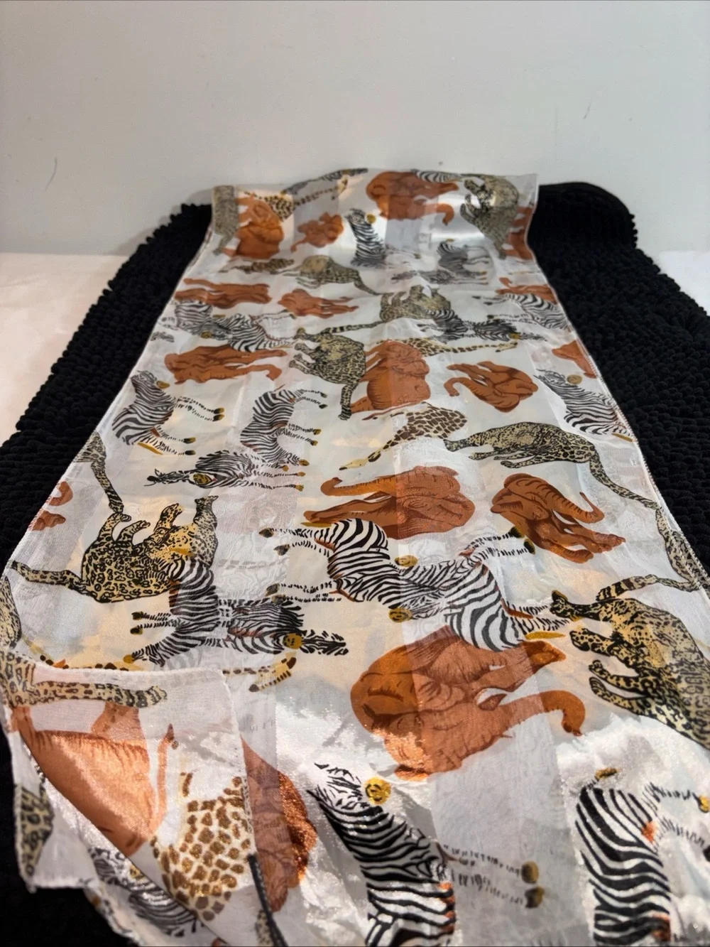Into Africa Zebra Print Satin Scarf - White, Black, Gold, Brown. 1081